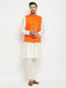 Vastramay Men's Orange Matka Silk Nehru Jacket With Kurta and Pant style Pyjama Set